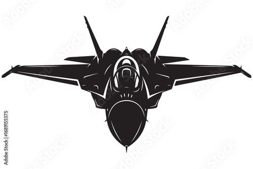 A sleek fighter jet in silhouette, isolated on white background the aircraft is depicted headon, showcasing its aerodynamic design and powerful presence