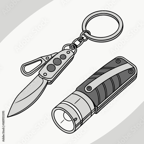Grey Keychain with Integrated Flashlight and Pocketknife
