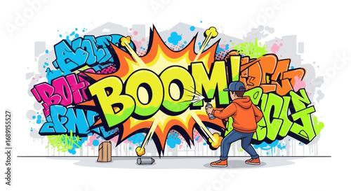 Dynamic graffiti art with bold lettering and vibrant colors creating a street style scene