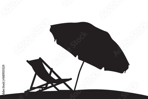 A serene beach scene featuring a silhouette of a beach chair and umbrella, isolated on white background, evoking relaxation and vacation vibes