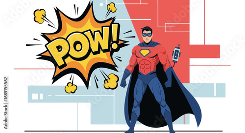 Dynamic Superhero Illustration Featuring Comic Book Style Action Sound and Modern Tech Details