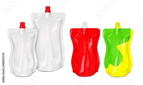 Spouted stand-up pouch. Realistic 3d vector mockup. White and color design. Easy editable. Nozzle plastic bag with screw cap. Mock-up set. Liquid food reclosable packaging. Template