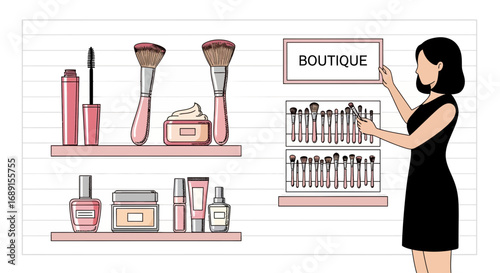 Elegant beauty boutique scene with stylish illustration of makeup products and personnel