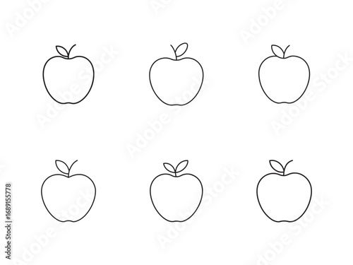 Six Minimalist Apple Icons Arranged on White Background Representing Nutrition Education and Healthy Eating Habits for School Children