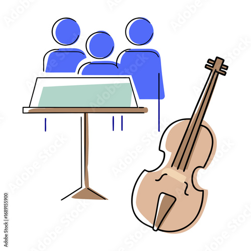 Group of musicians learning music with a violin and stand  