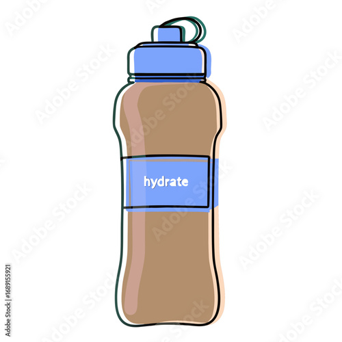 Water bottle with blue lid labeled hydrate in minimalist design  