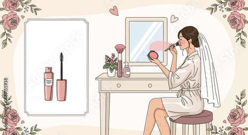 Elegant bride preparing for her wedding day applying makeup illustration art