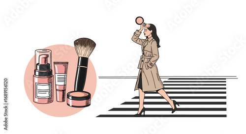 Elegant woman applying makeup while crossing the street, complemented by beauty products