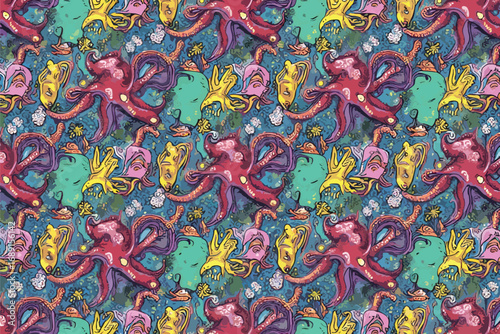 Vibrant octopus pattern with sea life elements, creating a lively underwater scene.