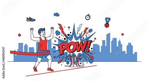 Energetic runner crossing finish line with pow comic book illustration for victory celebration