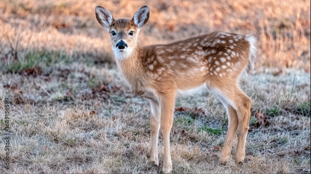 Obraz premium A fawn stands in a field, its coat dappled with white spots. It gazes forward with soft eyes, blending into the muted colors of the autumn grass