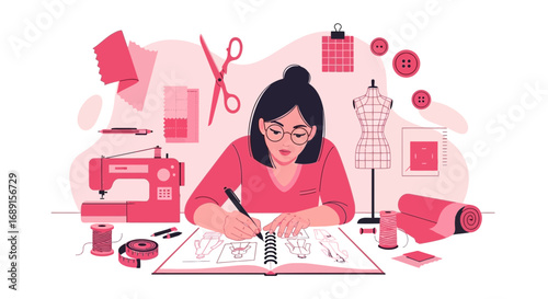 Fashion designer creating sketches for clothing designs in her studio setting creative atmosphere