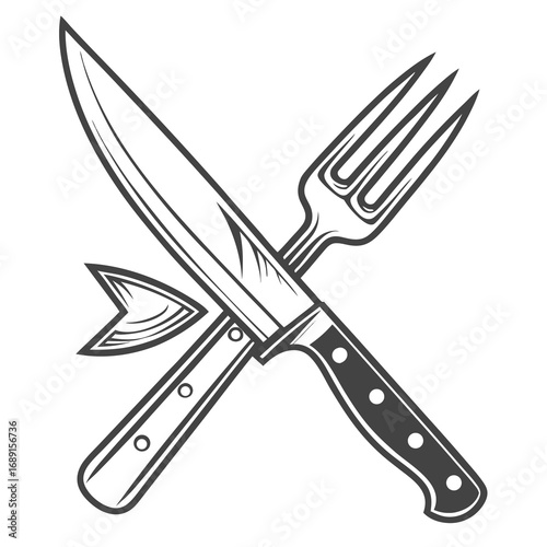 Abstract monochrome crossed fork and knife logo design for culinary or restaurant branding