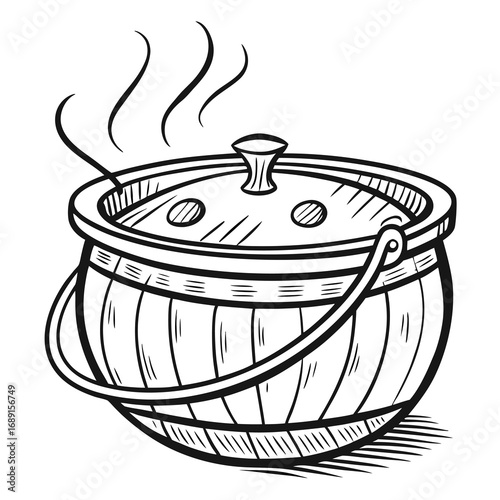 Classic black and white line art banner design showcasing traditional cooking techniques and culinary elements