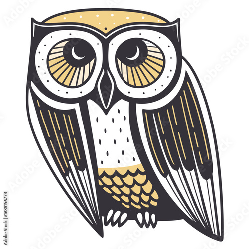 Illustrated owl in black and gold with large eyes and wings  