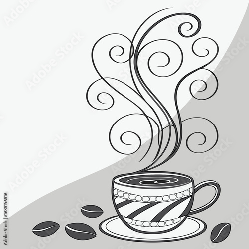 Abstract monochrome coffee cup with swirling steam and subtle color accents