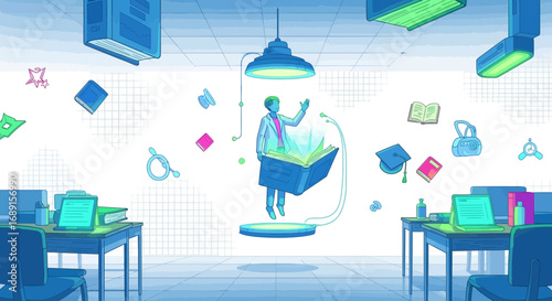 Futuristic education concept with levitating professor and books in the classroom illustration