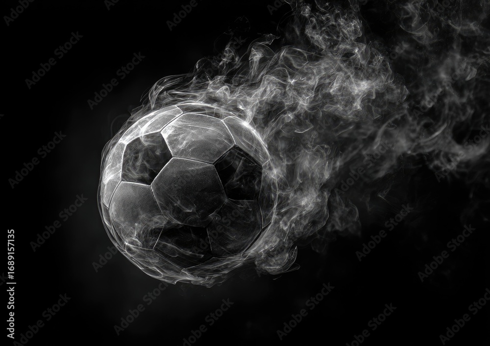 Naklejka premium A grayscale soccer ball, seemingly composed of smoke, streaks across a black background, leaving a smoky trail