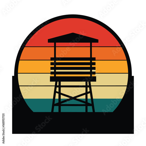 Lifeguard tower silhouette against retro sunset stripes Keywords: lifeguard, tower, beach, ocean