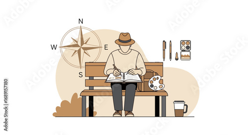 Conceptual Illustration of an Artist Sketching Outdoors with Travel and Inspiration Depicted