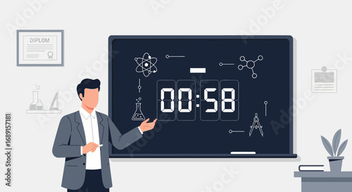 Conceptual Illustration of a Teacher Explaining Science Concepts on a Digital Blackboard in a