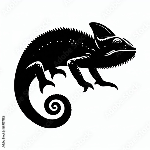 Detailed black silhouette of a chameleon with curled tail against a white backdrop