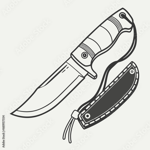 Line Art Illustration of a Fixed Blade Knife and Sheath