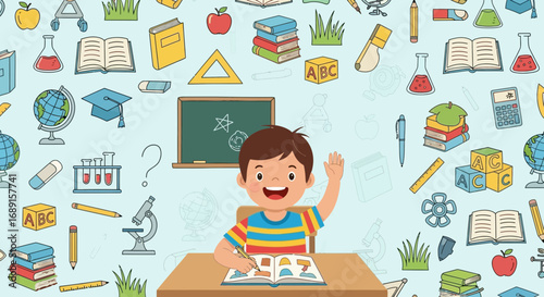 Happy student raising hand in class with educational doodle background colorful vector