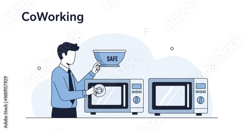 Illustration depicting a man placing a food bowl labeled SAFE into a microwave oven in a coworking