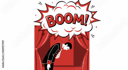 Cartoon illustration of a performer bowing on stage with a comic book boom effect overhead