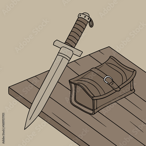 Medieval Dagger and Leather Pouch on Wooden Surface