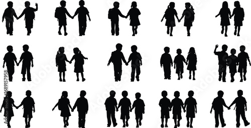 Silhouette of school children walking, holding hands, back to school concept, teamwork, friendship, students together, education, vector illustration.