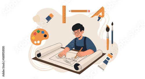 Cartoon illustration of a young male artist creating a drawing in his workshop studio art supplies
