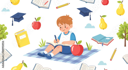 Illustration depicting a young student studying outdoors with books, fruits, and academic symbols