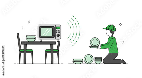 Illustration depicting food preparation and technology in a modern setting illustration