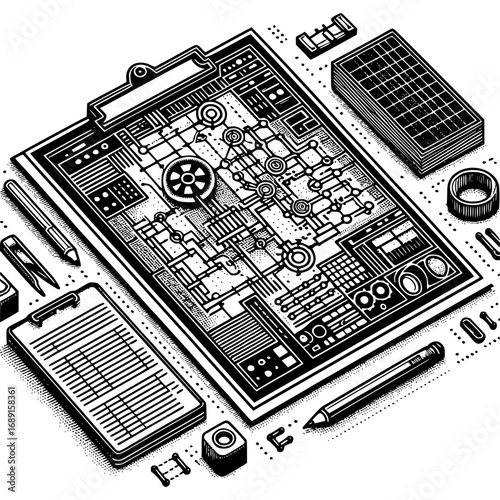 Innovation blueprint: A monochrome depiction of technical blueprints, accompanied by precision tools, embodies creativity and the genesis of innovation.