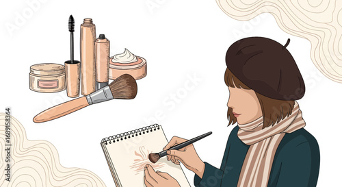 Illustration featuring a makeup artist sketching beauty products in a notebook with a beret