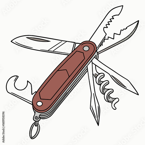 Opened Red-Handled Multi-Tool Knife Illustration