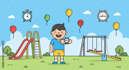 Illustration of a boy checking the time at the park with playground equipment and balloons