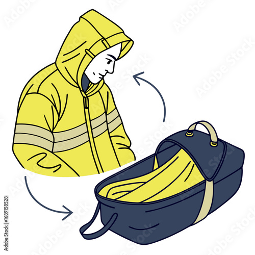 Person in Yellow Raincoat Preparing Infant Carrier for Travel