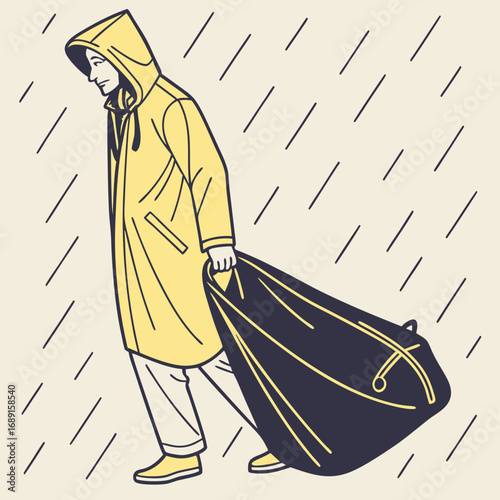 Person in Yellow Raincoat Carrying a Large Bag Walking in the Rain