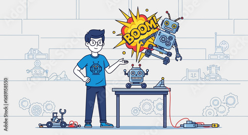 Illustration of a boy engineer with a robot creation and robotic explosion at home with tools and