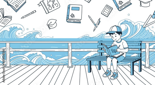 Illustration of a boy reading a book on a bench with floating school supplies and waves