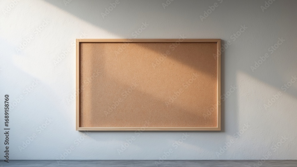 Fototapeta premium Empty corkboard on wall with shadow and light. Interior decor, notice board, blank space. The concept of empty space and interior design.