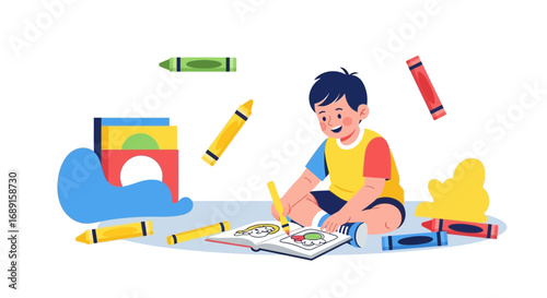 Illustration of a cheerful boy coloring in a book surrounded by crayons and toys