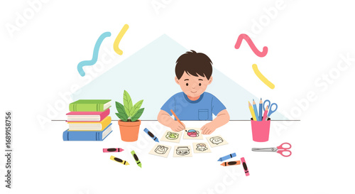 Illustration of a creative boy drawing pictures at his desk full of books and art supplies