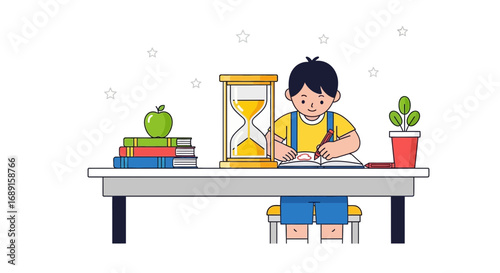 Illustration of a child studying at a desk with books, apple and hourglass representing learning