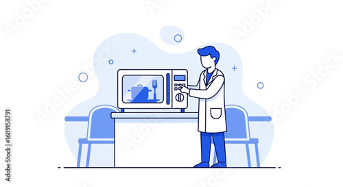 Illustration of a doctor using a microwave to cook food in a modern kitchen setting