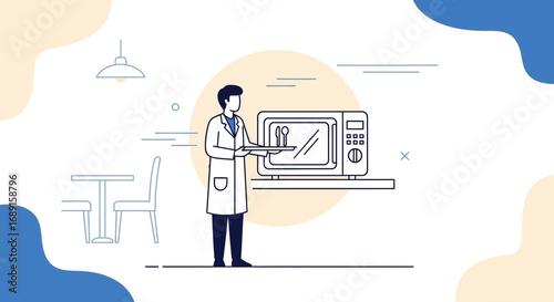 Illustration of a doctor holding a tray near a microwave oven in a clinic setting modern