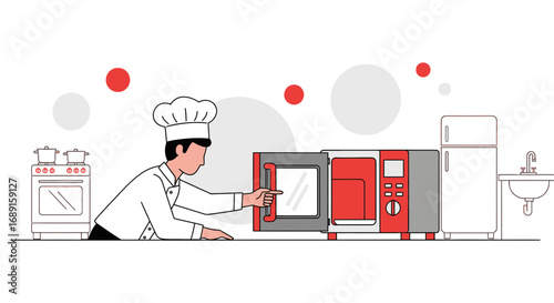 Chef opening a microwave in a modern kitchen with stove refrigerator and sink